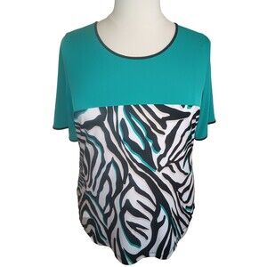 WORTHINGTON Womens 1X Animal Print Short Sleeve Zipper Top Colorblock Colorful
